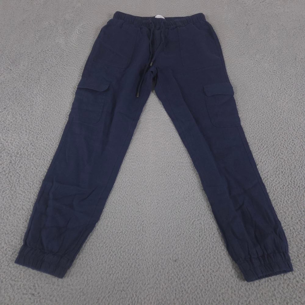 Nicole Miller Pants Women S Blue Joggers 100% Linen Cargo Elastic Waist Tapered